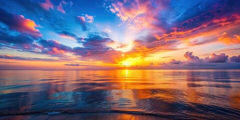 Vibrant sunrise over a calm sea , sunrise, ocean, water, horizon, morning, dawn, reflection, beach, peaceful, tranquil, beauty, nature