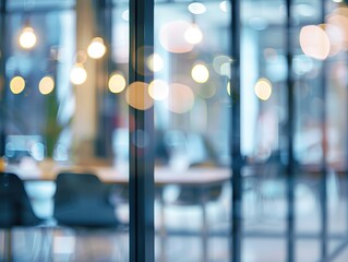 Impressionist Business Meeting in Modern Open Space, Focus on Blurred Glass Door and Bokeh Light, Office Ambiance with Contemporary Art Style