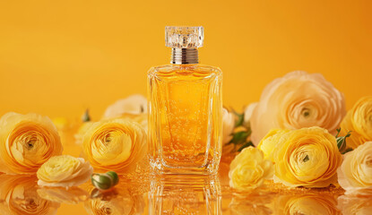 A luxury bottle of perfume with yellow flowers on an orange background