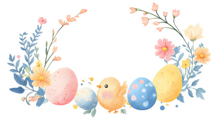 Easter themed wrath flower, Oval shape frame pastel easter egg, little chick and flowers for banner and logo