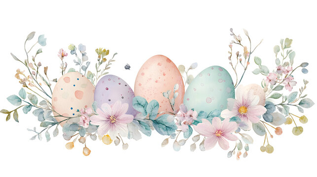 Easter themed, Oval shape frame pastel easter egg and flowers for banner and logo