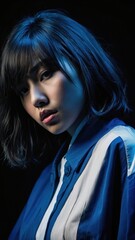 Shades of Mystery: The Intense Gaze of a Blue-Haired Enigma