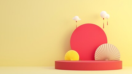 A photo of a minimalist 3D podium with Chinese New Year paper cutouts, isolated on a light yellow background