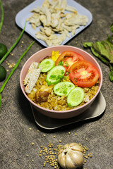 Fried rice or Nasi goreng, traditional frying rice dish from indonesia made of Precooked rice fried in a small amount of oil