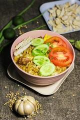 Fried rice or Nasi goreng, traditional frying rice dish from indonesia made of Precooked rice fried in a small amount of oil