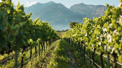 Naklejka premium Vineyard Rows Leading to Mountains