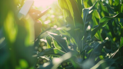 Blurred image. Farmers use tablets to analyze data and experiment with growing corn. AI data innovation improves cultivation efficiency for quality. Analysis of farmer corn farming agriculture concept
