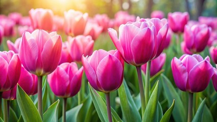 Naklejka premium Pink tulips flowers in full bloom decorating a garden, pink, tulips, flowers, pink flowers, garden, nature, vibrant, colorful