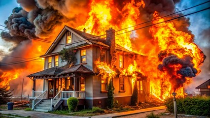 Fototapeta premium Inferno engulfs a residential home, intense orange and yellow flames ravage the structure, highlighting the devastating consequences of faulty electrical wiring and electrical fires.