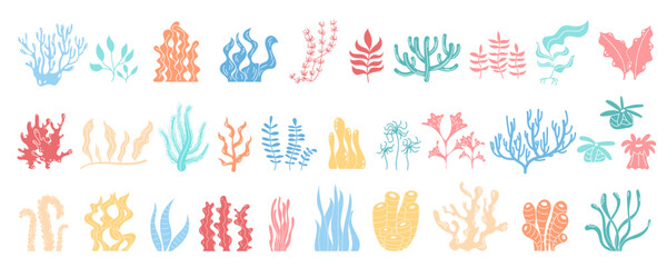Underwater reef and marine plants set in vibrant colors. Varied sea flora like kelp, algae, seaweed with design elements. Beautiful aquatic life icons in cartoon style.