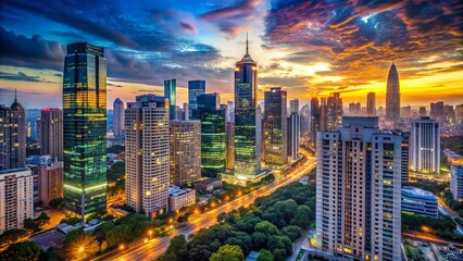 Fototapeta premium Modern metropolitan cityscape featuring sleek glass skyscrapers, bustling streets, and vibrant LED lights illuminating the urban jungle at dusk.