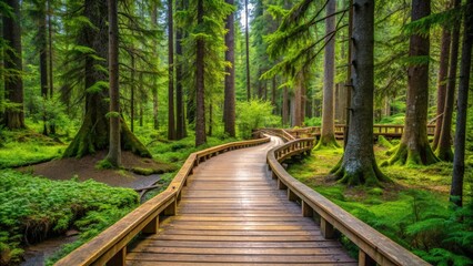 Boardwalk path winding through ancient forest in Prince George, British Columbia , Chun T?oh Whudujut, Lheidli T?enneh