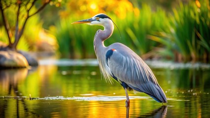 Naklejka premium Beautiful portrait of a majestic heron standing gracefully beside a tranquil pond, heron, bird, wildlife, nature