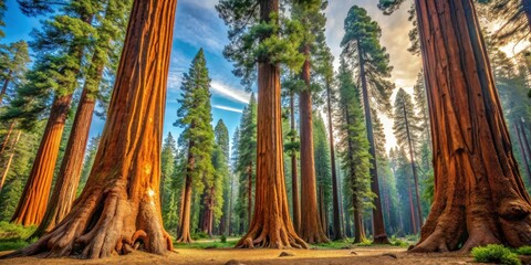 Majestic Sequoia trees towering in the Mariposa Grove at Yosemite National Park, Sequoias, Forest, Trees, Nature