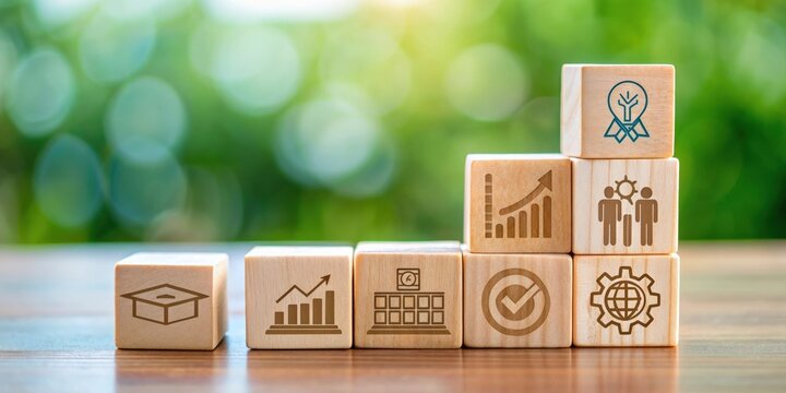 Wooden blocks with icons representing capacity building, education, growth, and development on a table