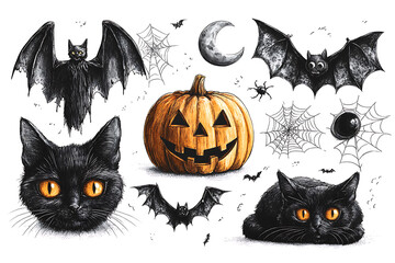 A humorous set of pencil-drawn Halloween stickers featuring a pumpkin, bat, witch, vampire, zombie, eye, spider web, and black cat.  