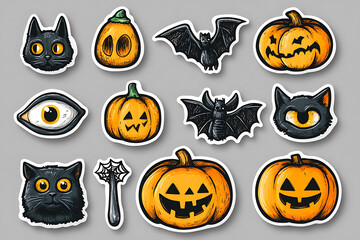 A humorous set of pencil-drawn Halloween stickers featuring a pumpkin, bat, witch, vampire, zombie, eye, spider web, and black cat.  