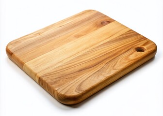 A clean, rustic wooden chopping board with a smooth finish lies isolated on a pristine white background, awaiting culinary creativity and freshly cut ingredients.