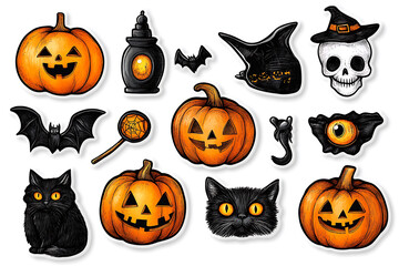 A humorous set of pencil-drawn Halloween stickers featuring  .The playful and quirky designs are perfect for Halloween-themed projects