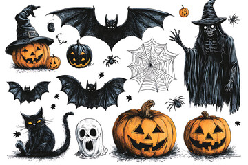 A humorous set of pencil-drawn Halloween stickers featuring  .The playful and quirky designs are perfect for Halloween-themed projects