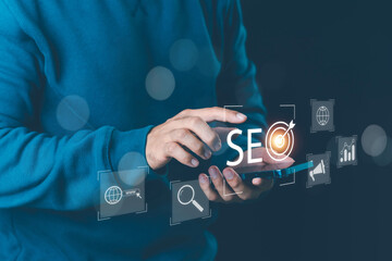 SEO Search Engine, Businessman use laptop to analyze SEO search engine optimization for promoting...