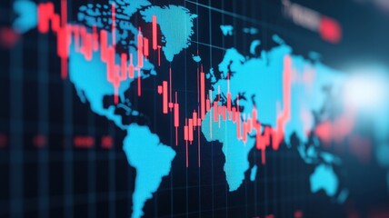 Obraz premium Global financial data visualization with world map highlight and stock market trends represented in vibrant colors.