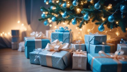 35mm film photography, merry christmas background with a close-up of beautifully wrapped gifts under a decorated tree, soft fairy lights in the background, copy space above, high detail, ai