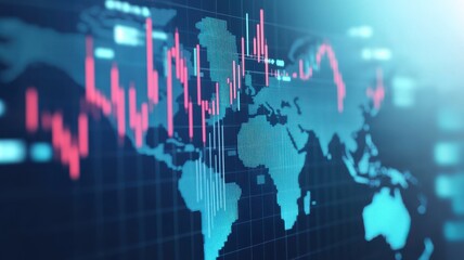 Dynamic digital world map with financial graphs showcasing global market trends and data visualization technology.