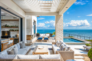 Coastal style Florida patio with kitchen, white, luxury home, outdoor architectural design, ocean waterfront view with pool