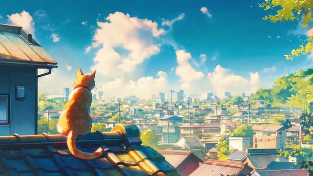 An Orange Cat with a Red Collar Sitting on a Rooftop, Gazing at the City on a Cloudy Day, Anime Background