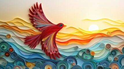 Obraz premium Paper Quilling Artwork of a Red Bird Flying Over Wavy Landscape