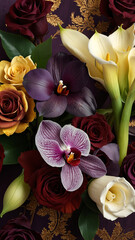 Elegant and regal bouquet of flowers vertical background with luxurious blooms orchids, roses, and calla lilies