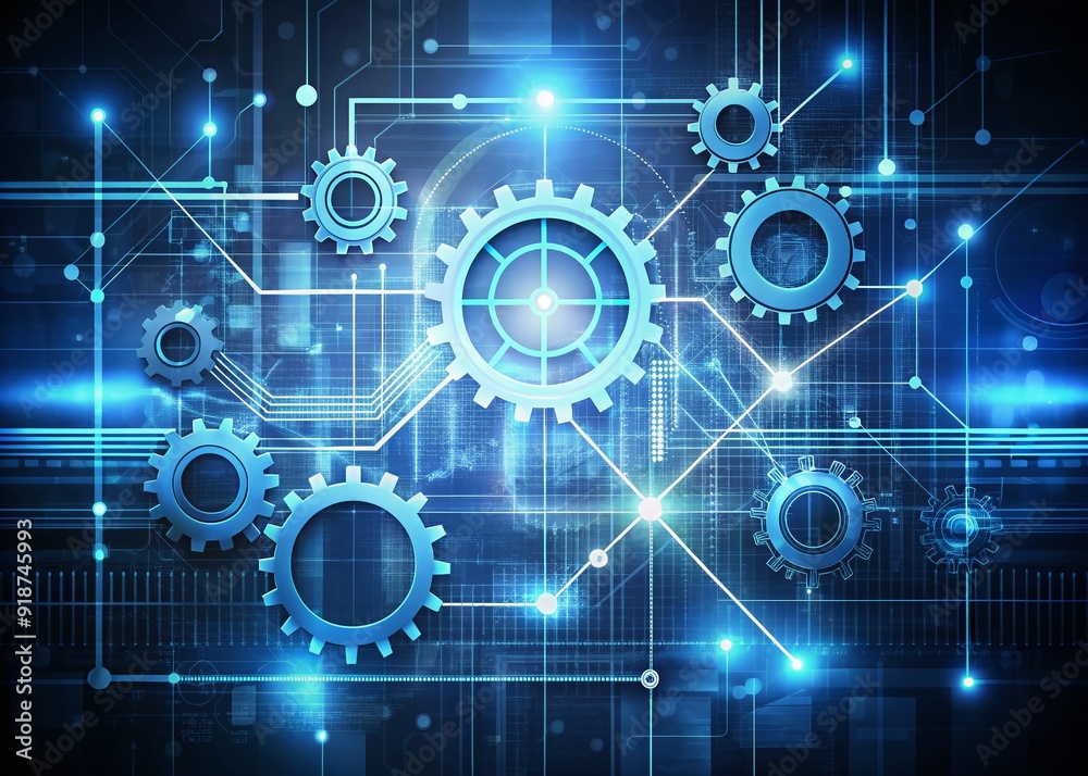 Wall mural abstract illustration of futuristic web design concept with coding lines, gears, and seo elements, r