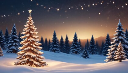 Naklejka premium merry christmas background featuring a snow-covered landscape with a decorated pine tree on the left, twinkling fairy lights, and a clear blue sky, ample copy space on the right, ai