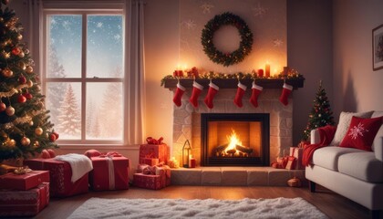 festive Christmas background with cozy living room view, burning fireplace, stockings hanging on the mantle, and large window showing falling snowflakes, copy space on the left, ai