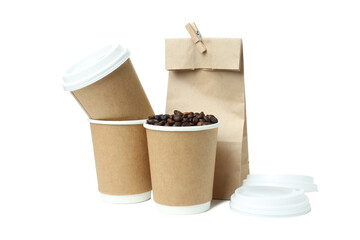 PNG,Kraft cups for coffee with a paper pack of coffee, isolated on white background