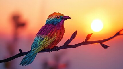 Colorful Bird on Branch at Sunset