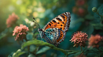 Obraz premium butterfly in nature with flower and blurry background for wallpaper, banner, poster, cover