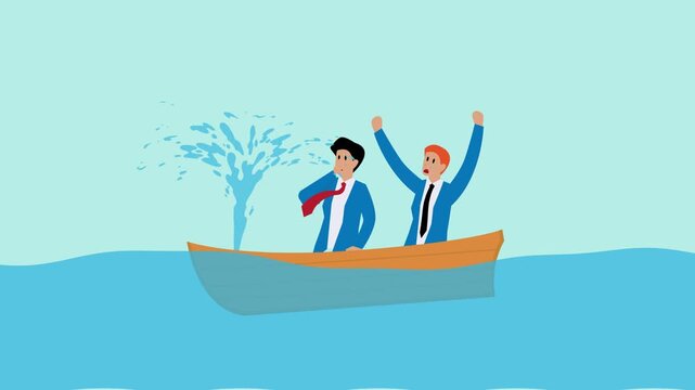 Business people in the suit panicking in the boat that sink cartoon animation