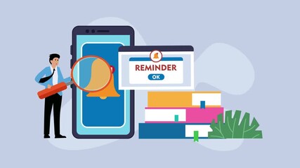 Businessman holding a magnifying glass on a smartphone with reminder cartoon animation