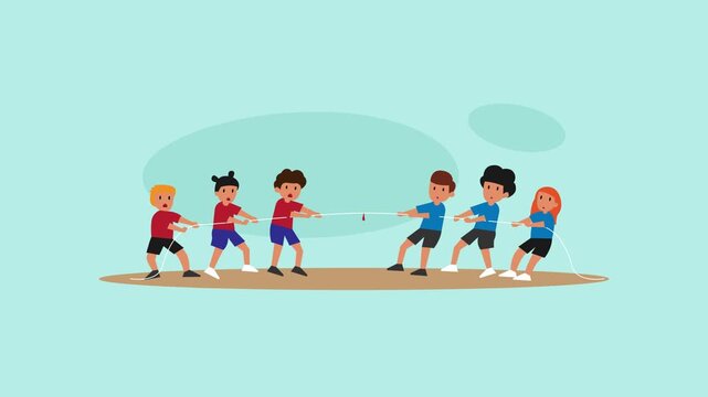 Children pull the rope. Kids playing tug of war cartoon animation