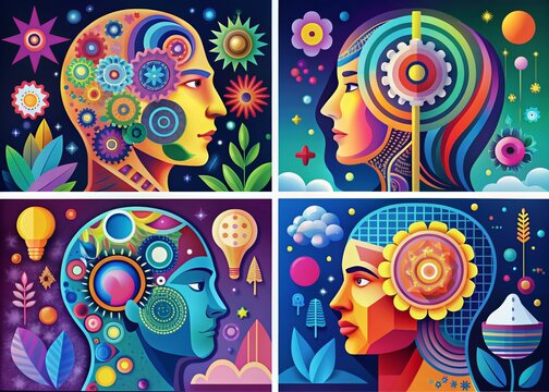 analytical, logical, imaginative, and structural, showcasing varied human thought processes, creativity, and psychology, in vibrant, stylized vector illustrations.