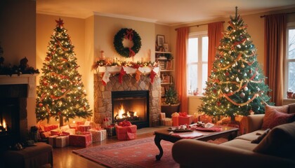 bright and cheerful Christmas living room decorated with colorful ribbons, big tree and cozy atmosphere, high detail, bright color palette, blurry, dim colors, long blurry expos, ai