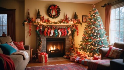 bright and cheerful Christmas living room decorated with colorful ribbons, big tree and cozy atmosphere, high detail, bright color palette, blurry, dim colors, ai