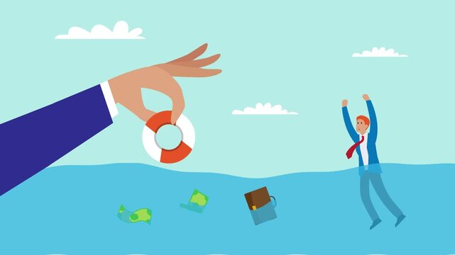 Big hand giving a lifebuoy to help businessman cartoon animation