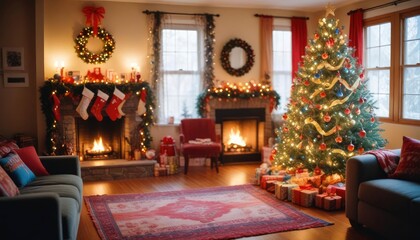 bright and cheerful Christmas living room decorated with colorful ribbons, big tree and cozy atmosphere, high detail, bright color palette, blurry, dim colors, ai