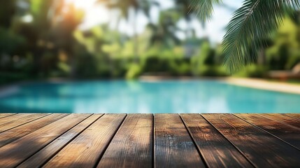 Wooden Deck Overlooking a Blurred Pool and Lush Greenery