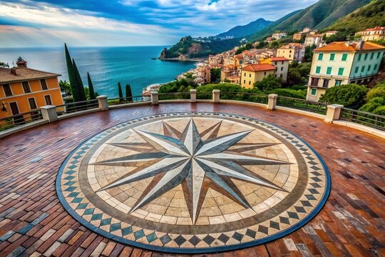 Ancient stone wind rose compass in Alassio, Italy, showcasing cardinal directions and intermediate points in intricate detail, set amidst historic architectural surroundings.
