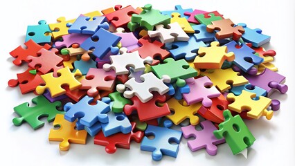 Assorted multicolored puzzle pieces of different shapes and sizes scattered randomly, with some fitted together, against a clean white background.