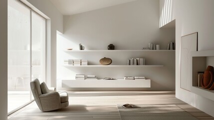 Minimalist living room with floating shelves and a single armchair